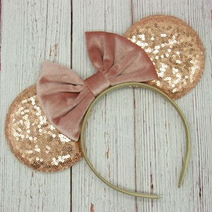 Large Rose Gold Sequin Mouse Ears with Velvet Bow || 4&quot; Big Mouse Ears || Disney Minnie Mouse Ears || Park Sized