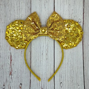 Gold Edelstein Mäuseohren mit Gold Pailletten Schleife || 2 Größen || Glitzer und Glamour || Park große Ohr || Limitierte Auflage