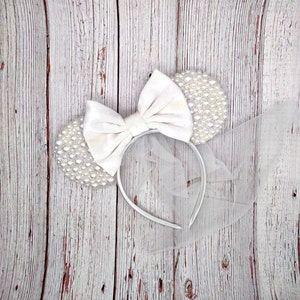 Pearl Bride Mouse Ears With or Without Veil || White Velvet Bow || Wedding Celebration Ears || Two Sizes || Park Sized Ears