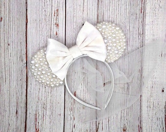 Pearl Bride Mouse Ears With or Without Veil || White Velvet Bow || Wedding Celebration Ears || Two Sizes || Park Sized Ears