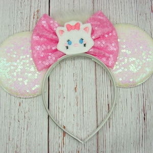Marie Cat White Ears with Sequin Bow on headband || Marie Aristocats Mouse Ears || Large White Ears on Headband || Park sized Ears