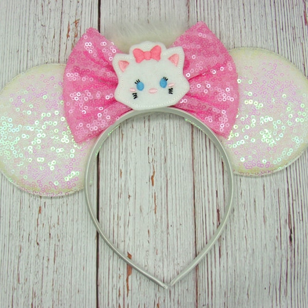 Large Marie Cat White Ears with Sequin Bow on headband || Marie Aristocats Mouse Ears || 4" Large White Ears on Headband || Park sized Ears