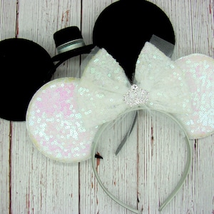 Large Bride and Groom Mouse Ears with Sequin Bow || Wedding Mouse Ears || Top Hat and Crown || Park sized Ears || Just Married ears