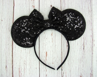 Black Villain 4" Mouse Ears on headband || Black ear Black bow || 4" Large black sequin Ears || Park sized Ears Adult || Black