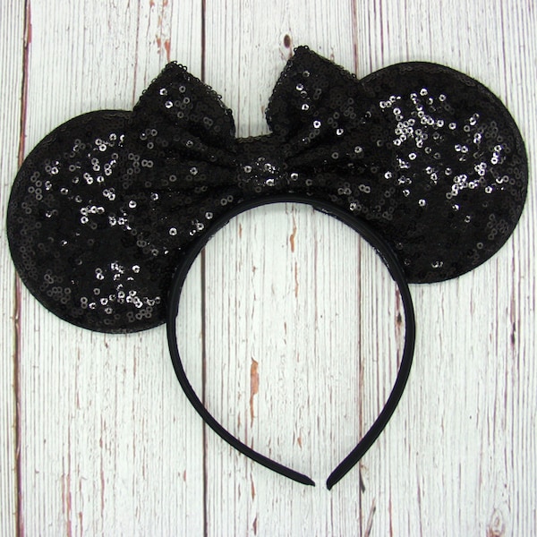 Black Villain 4" Mouse Ears on headband || Black ear Black bow || 4" Large black sequin Ears || Park sized Ears Adult || Black