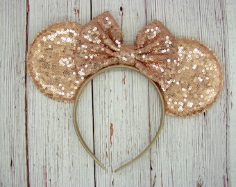 Rose Gold Mouse Ears on headband || Rose Gold ear Rose Gold bow || 4" Large Rose Gold Ears || Park sized Ears Adult || Rose Gold