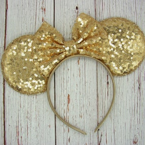 Pale Gold Mouse Ears on headband || Pale Gold ear Pale Gold bow || 4&quot; Large Pale Gold Ears || Park sized Ears Adult || Pale Gold