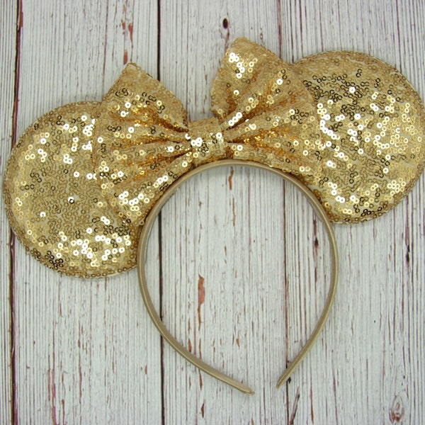 Pale Gold Mouse Ears on headband || Pale Gold ear Pale Gold bow || 4" Large Pale Gold Ears || Park sized Ears Adult || Pale Gold