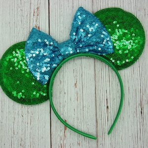 Large Green Mouse Ears with Sequin Bow || Personalized Bow Color || Large Green Ears on Headband || Colorful Ears || Customized mouse ears