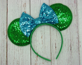 Large Green Mouse Ears with Sequin Bow || Personalized Bow Color || Large Green Ears on Headband || Colorful Ears