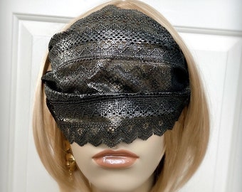 Wide Coverage Silver Foiled Black Lace Mask Bandeau Veil-Masquerade Ball Halloween Party Gothic Wedding Eye Mask Blindfold-"SILVER and COLD"