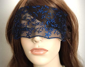 Black Metallic Blue Lace Mask Veil-Mysterious Masquerade Ball Versailles Party Halloween Mardi Gras Eye Mask-Blue Lace Blindfold-"OLYMPIA"