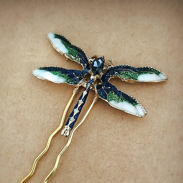 Art Nouveau Inspired Enameled Dragonfly Hair Pin-Vintage Art Deco Belle Epoque Edwardian Boho Style Dragonfly Hair Clip Hairpin-"RENÉ"