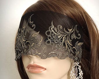 Black Gold Lace Mask Veil-Mysterious Masquerade Ball Versailles Party Halloween Mardi Gras Eye Mask-Golden Victorian Blindfold-"ANGELIQUE"