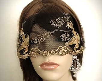 Black Gold Oriental Phoenix Lace Mask Veil-Mysterious Masquerade Ball Halloween Venetian Carnival Chinoiserie Mask Lace Blindfold-”PHÉNIX"