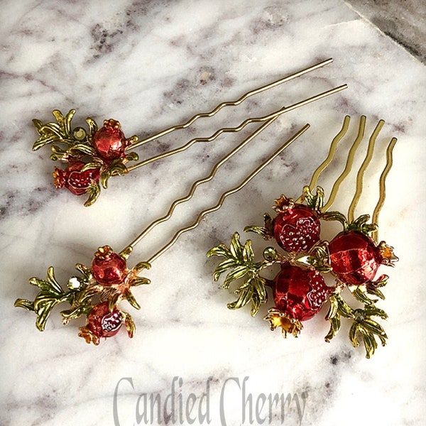 Botanical Inspired Red Pomegranate Hair Comb Hair Pin-Vintage Art Nouveau Belle Epoque Bohemian Style Pomegranate Hairpins-"SAIIDAH"