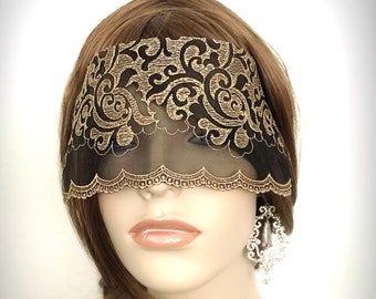Black and Gold Arabesque Lace Mask Veil - Mysterious Masquerade Ball Halloween Mardi Gras Eye Mask-Golden Victorian Lace Blindfold-”HURREM"