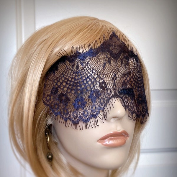 Navy Blue Lace Mask Veil-Mysterious Masquerade Party Fetes Galantes Halloween Gothic Wedding Dark Blue Eyelash Lace Blindfold-"du BARRY"