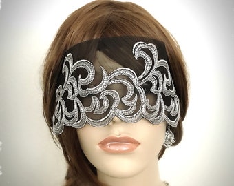 Black and Silver Swirl Lace Mask Veil - Mysterious Masquerade Ball Halloween Mardi Gras Eye Mask-Gothic Victorian Lace Blindfold-”VIRGINIE"