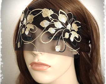 Black Gold Beige Lace Mask Veil-Mysterious Masquerade Ball Versailles Party Halloween Mardi Gras Eye Mask-Golden Leaf Lace Blindfold-"DIANE"