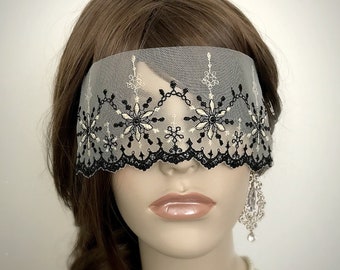 Ivory & Black Snowflake Lace Mask Veil with Swarovski Crystal-Mysterious Masquerade Ball Versailles Party Halloween Lace Blindfold-”GERDA"