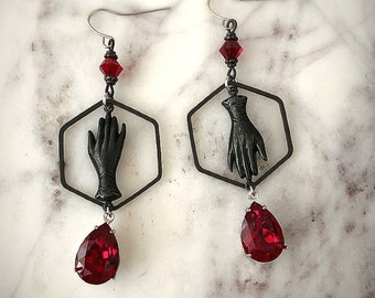 Red Crystal Victorian Lady Hand Chandelier Earrings-Swarovski Siam Red Crystal Black & Silver Mix Metal Statement Earrings-"BLACK BACCARA"