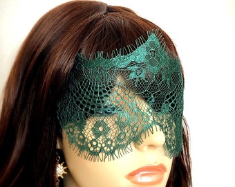 Green Lace Mask Veil-Mysterious Masquerade Party Fetes Galantes Holiday Halloween Gothic Wedding Green Eyelash Lace Blindfold-"du BARRY"