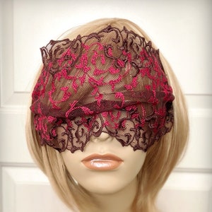 Magenta Pink & Brown Arabesque Lace Mask Bandeau Veil-Mysterious Masquerade Ball Halloween Gothic Wedding Eye Mask Blindfold-"PETRONILLA"