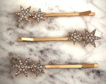 Set di 3 Champagne Gold Cosmic Star Galaxy Crystal Hair Pins-Vintage Art Art Belle Epoque Boho Stile Celestial Starburst Capelli Clips-"ALGOL"