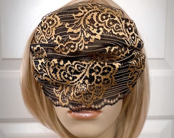 Wide Coverage Black Gold Paisley Lace Mask Bandeau Veil-Mysterious Masquerade Ball Halloween Gothic Wedding Eye Mask Blindfold-"HELLAWES"