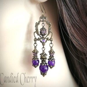 Dark Purple Neo Victorian Steampunk Chandelier Earrings-Natural Amethyst&Swarovski Crystal Vintage Inspired Dangle Earrings-"HYACINTHUS"