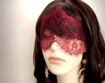 Dark Red Lace Mask Veil-Mysterious Masquerade Party Fetes Galantes Halloween Gothic Wedding Maroon Red Eyelash Lace Blindfold-"du BARRY"