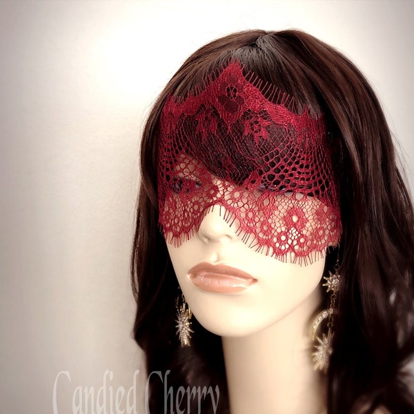 Dark Red Lace Mask Veil-Mysterious Masquerade Party Fetes Galantes Halloween Gothic Wedding Maroon Red Eyelash Lace Blindfold-"du BARRY"