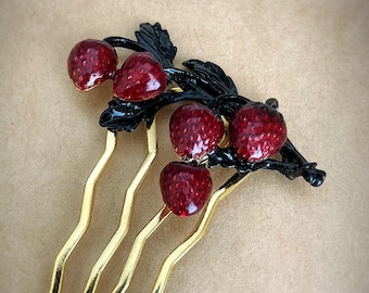 Botanical Inspired Black & Dark Red Strawberry Hair Comb-Vintage Gothic Victorian Boho Style Hair Clip Hairpin-"STRAWBERRY FIELDS NIGHT"