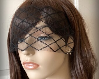 Simple & Modern Black Diamante Mesh Lace Mask Veil-Mysterious Masquerade Ball Halloween Fantasy Fetish Eye Mask Lace Blindfold-"HELLAWES"