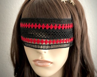 Black & Red Checker Venice Lace Mask Veil-Mysterious Masquerade Party Fetes Galantes Art Deco Halloween Party Black Lace Blindfold-"SCARLET"