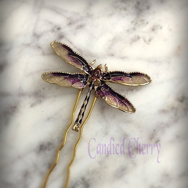 Art Nouveau Inspired Purple & Milk Dragonfly Hair Pin-Vintage Art Deco Belle Epoque Edwardian Boho Style Dragonfly Hair Clip Hairpin-"RENÉ"
