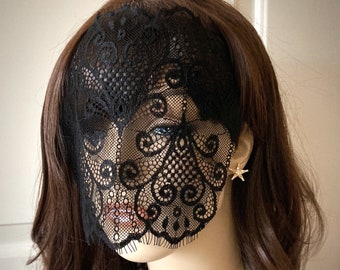 Wide Coverage Black Eyelash Lace Mask Veil-Mysterious Masquerade Ball Halloween Eye Mask Lace Blindfold-Gypsy Fortune Teller Mask-”MEDEIA"