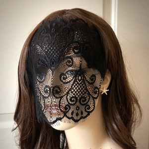 Wide Coverage Black Eyelash Lace Mask Veil-Mysterious Masquerade Ball Halloween Eye Mask Lace Blindfold-Gypsy Fortune Teller Mask-”MEDEIA"