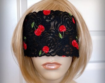 Black Red Cherry & Rose Lace Eye Mask Veil-Mysterious Masquerade Ball Halloween Gothic Wedding Fetish Party Lace Blindfold-"CHERRY BONBON"