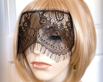 Black Lace Mask Veil-Mysterious Masquerade Party Fetes Galantes Victorian Halloween Gothic Wedding Party Eyelash Lace Blindfold-"OPHELIA"