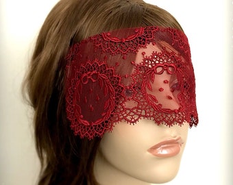 Deep Red Arabesque Lace Mask Veil - Mysterious Masquerade Ball Halloween Valentine Mardi Gras Eye Mask-Victorian Lace Blindfold-”MAHIDEVRAN"