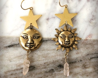 Celestial Star Sunburst Full Moon Rose Quartz Chandelier Boucles d’oreilles-vintage Style Natural Quartz Point Boho Déclaration Dangle Boucles d’oreilles-"SYZYGY"