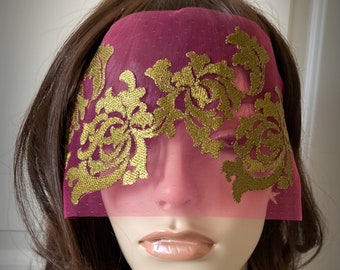 Magenta Pink and Gold Arabesque Lace Mask Veil-Mysterious Masquerade Ball Halloween Mardi Gras Fantasy Eye Mask Lace Blindfold-”SHAJAR"