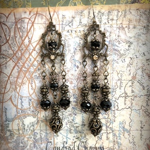 Black Champagne Crystal Neo Victorian Steampunk Chandelier Earrings - Vintage Inspired Pirates Goth Bronze Dangle Earrings - &quot;PAUL SCHERER&quot;