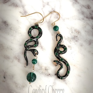 Black & Green Enameled Medusa Snake Chandelier Earrings-Natural Malachite Vintage Style Uraeus Ouroboros Apophis Dangle Earrings-&quot;GORGON&quot;
