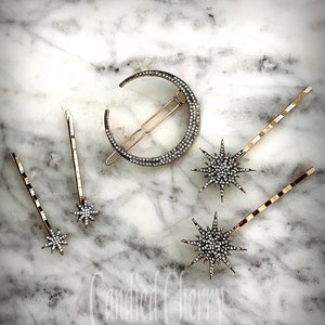 Set of 5 Crystal Cosmic Star & Moon Galaxy Hair Pins-Vintage Art Deco Belle Epoque Boho Style Celestial Starburst Hair Clips Hairpin-&quot;SPICA&quot;