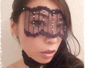 Black Lace Swarovski Crystal Mask-Mysterious Masquerade Ball Eye Mask-Elegant Black Tulle Veil-Halloween Mardi Gras Blindfold -"WINTER STAR"