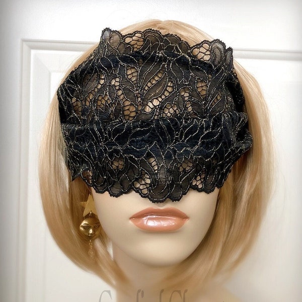 Wide Coverage Black Gold Leaf & Flower Lace Mask Bandeau Veil-Masquerade Ball Halloween Party Gothic Wedding Eye Mask Blindfold-"STAY GOLD"