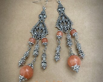 Natural Orange Calcite Long Chandelier Earrings - Vintage Inspired Neo Victorian Steampunk Boho Bohemian Long Dangle Earrings - "OSMANTHUS"